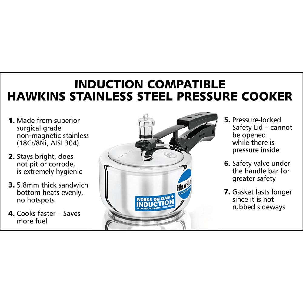 Hawkins 1.5 Litre Pressure Cooker, Stainless Steel Inner Lid Cooker, Induction Cooker, Small Cooker, Silver (HSS15)