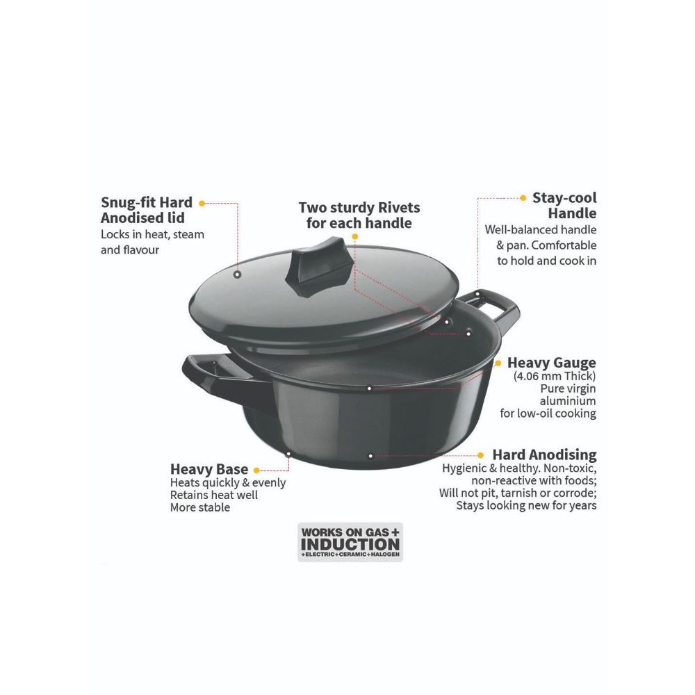 Hawkins Futura 3 Litre Cook n Serve Bowl, Hard Anodised Saucepan with Hard Anodised Lid, Induction Pan, Sauce Pan for Cooking and Serving, Black (IACB30) (Aluminium)