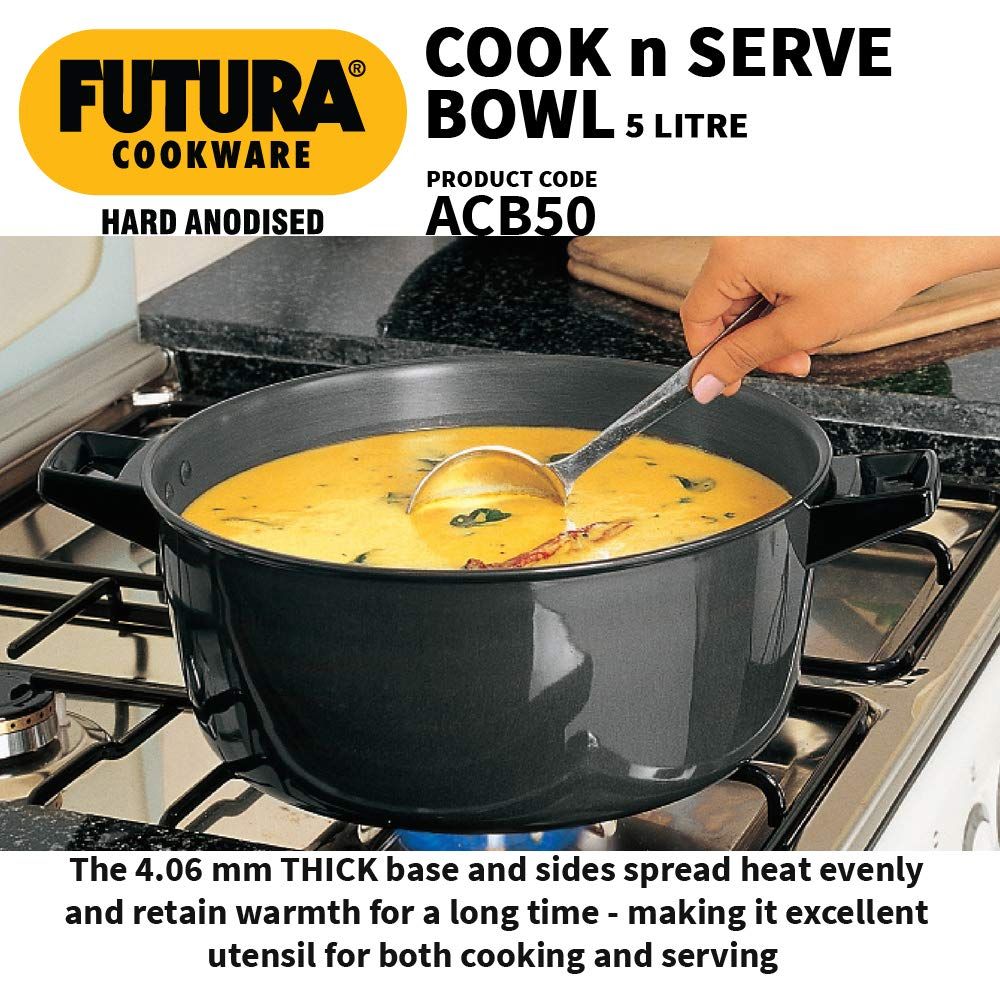 Hawkins Futura Hard Anodised Cook-n-Serve Bowl 5 L, 23 cm, 4.06 mm, Aluminium, Black