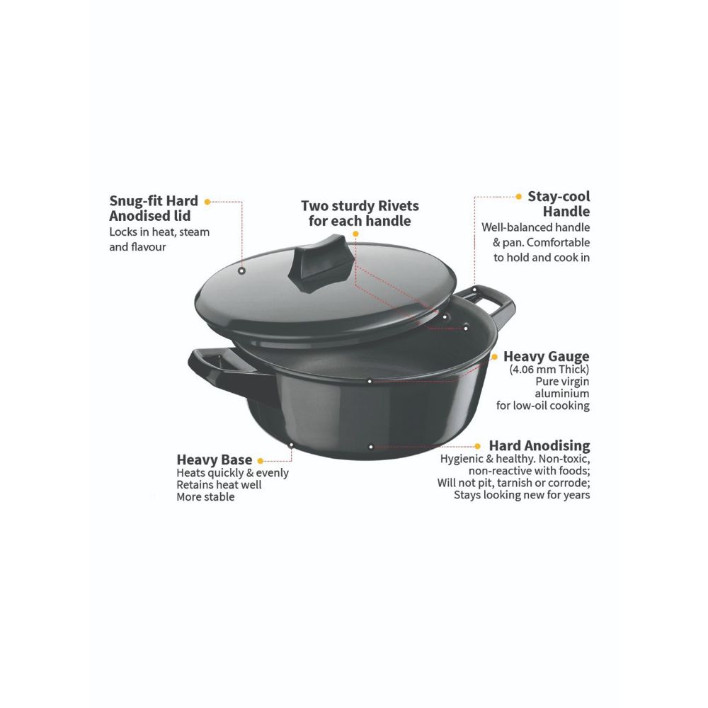 Hawkins Futura 3 Litre Cook n Serve Bowl, Hard Anodised Saucepan with Hard Anodised Lid, Sauce Pan for Cooking and Serving, Black (ACB30) (Aluminium)