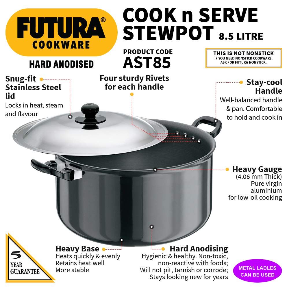 Hawkins Futura Hard Anodised Cook-n-Serve Stewpot 8.5 L, 28 cm, 4.06 mm, Aluminium, Black