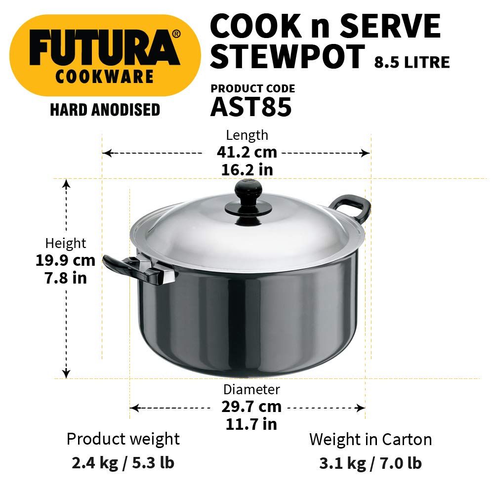Hawkins Futura Hard Anodised Cook-n-Serve Stewpot 8.5 L, 28 cm, 4.06 mm, Aluminium, Black