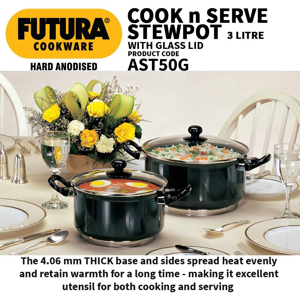 Hawkins Futura 5 Litre Cook n Serve Stewpot, Hard Anodised Sauce Pan with Glass Lid, Cooking Pot with Two Handles, Black (AST50G)