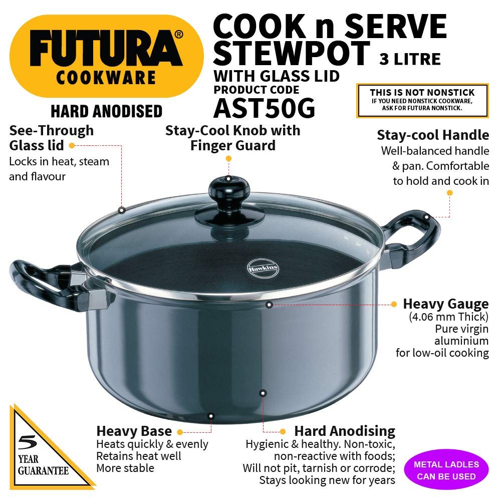 Hawkins Futura 5 Litre Cook n Serve Stewpot, Hard Anodised Sauce Pan with Glass Lid, Cooking Pot with Two Handles, Black (AST50G)