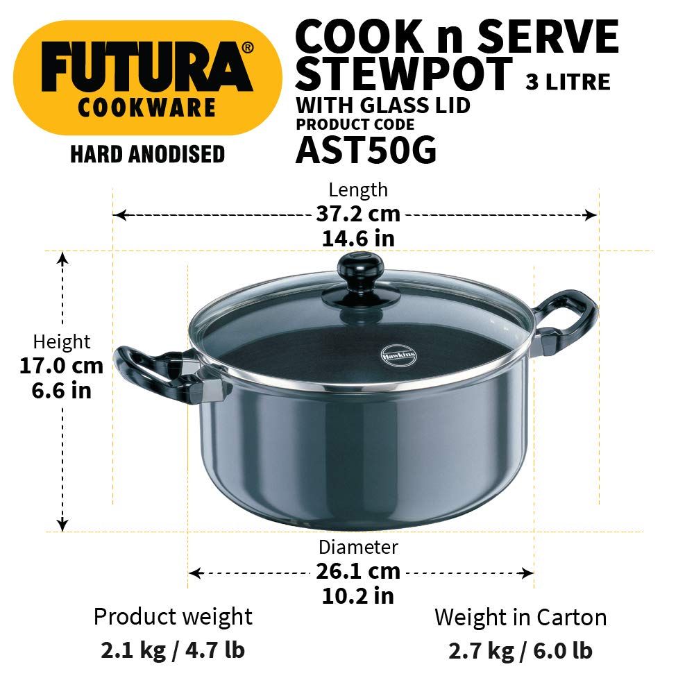 Hawkins Futura 5 Litre Cook n Serve Stewpot, Hard Anodised Sauce Pan with Glass Lid, Cooking Pot with Two Handles, Black (AST50G)