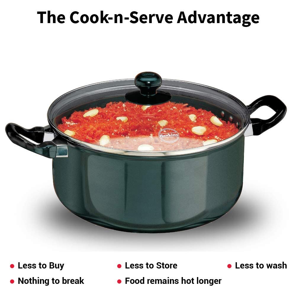 Hawkins Futura 5 Litre Cook n Serve Stewpot, Hard Anodised Sauce Pan with Glass Lid, Cooking Pot with Two Handles, Black (AST50G)