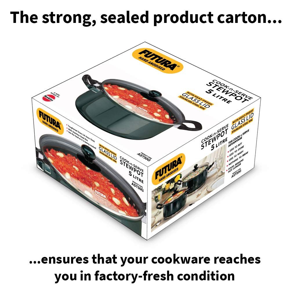 Hawkins Futura 5 Litre Cook n Serve Stewpot, Hard Anodised Sauce Pan with Glass Lid, Cooking Pot with Two Handles, Black (AST50G)
