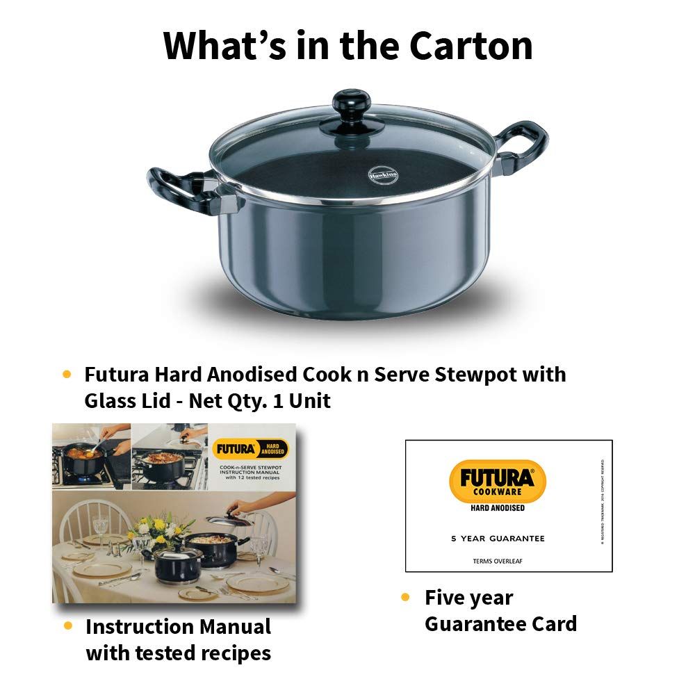 Hawkins Futura 5 Litre Cook n Serve Stewpot, Hard Anodised Sauce Pan with Glass Lid, Cooking Pot with Two Handles, Black (AST50G)