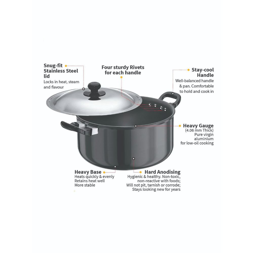 Hawkins Futura 5 Litre Cook n Serve Stewpot, Hard Anodised Sauce Pan with Stainless Steel Lid, Cooking Pot with Two Handles, Black (AST50)