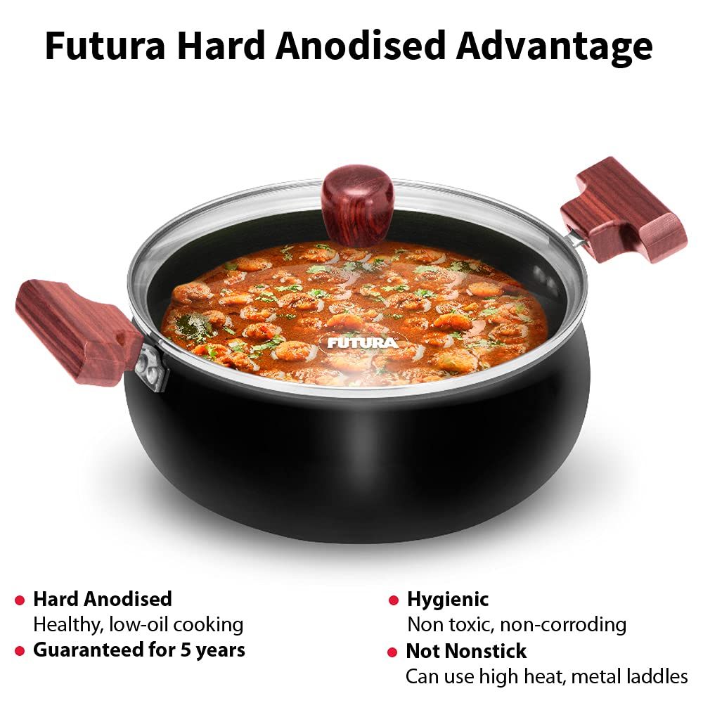 Hawkins Futura 3 Litre Cook n Serve Handi, Hard Anodised Biryani Handi with Glass Lid, Saucepan, Sauce Pan, Black (ACH30G)