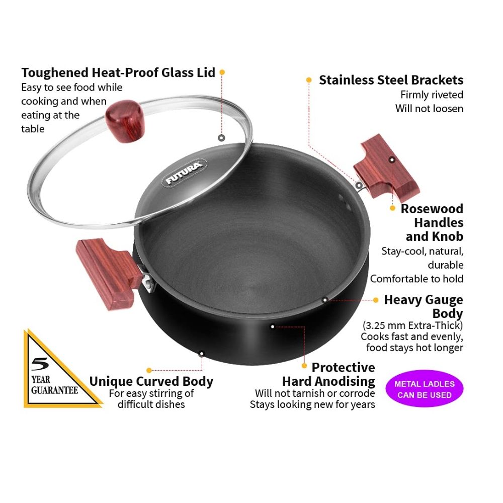 Hawkins Futura 3 Litre Cook n Serve Handi, Hard Anodised Biryani Handi with Glass Lid, Saucepan, Sauce Pan, Black (ACH30G)