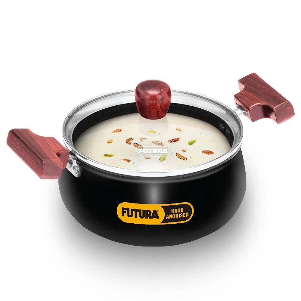 Hawkins Futura 2 Litre Cook n Serve Handi, Hard Anodised Biryani Handi with Glass Lid, Saucepan, Sauce Pan, Black (ACH20G)