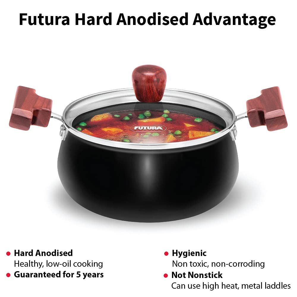 Hawkins Futura 2 Litre Cook n Serve Handi, Hard Anodised Biryani Handi with Glass Lid, Saucepan, Sauce Pan, Black (ACH20G)