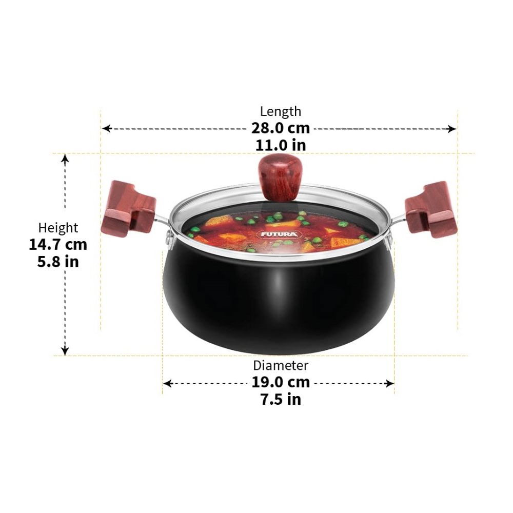 Hawkins Futura 2 Litre Cook n Serve Handi, Hard Anodised Biryani Handi with Glass Lid, Saucepan, Sauce Pan, Black (ACH20G)