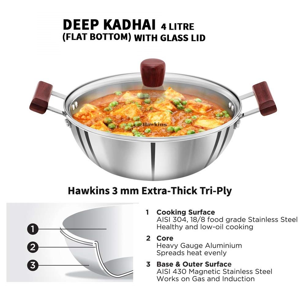 Hawkins 4 Litre Deep Kadhai, Triply Stainless Steel Kadai with Glass Lid, Flat Bottom Induction Kadhai, Big Kadai, Silver (SSK40G)