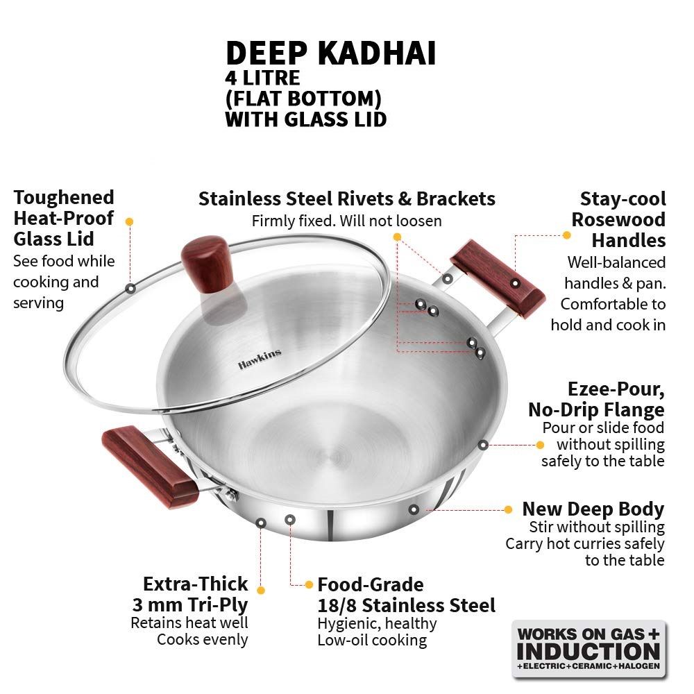 Hawkins 4 Litre Deep Kadhai, Triply Stainless Steel Kadai with Glass Lid, Flat Bottom Induction Kadhai, Big Kadai, Silver (SSK40G)