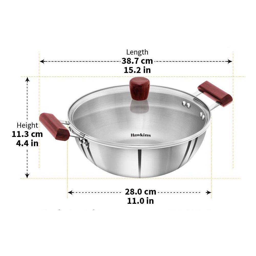 Hawkins 4 Litre Deep Kadhai, Triply Stainless Steel Kadai with Glass Lid, Flat Bottom Induction Kadhai, Big Kadai, Silver (SSK40G)