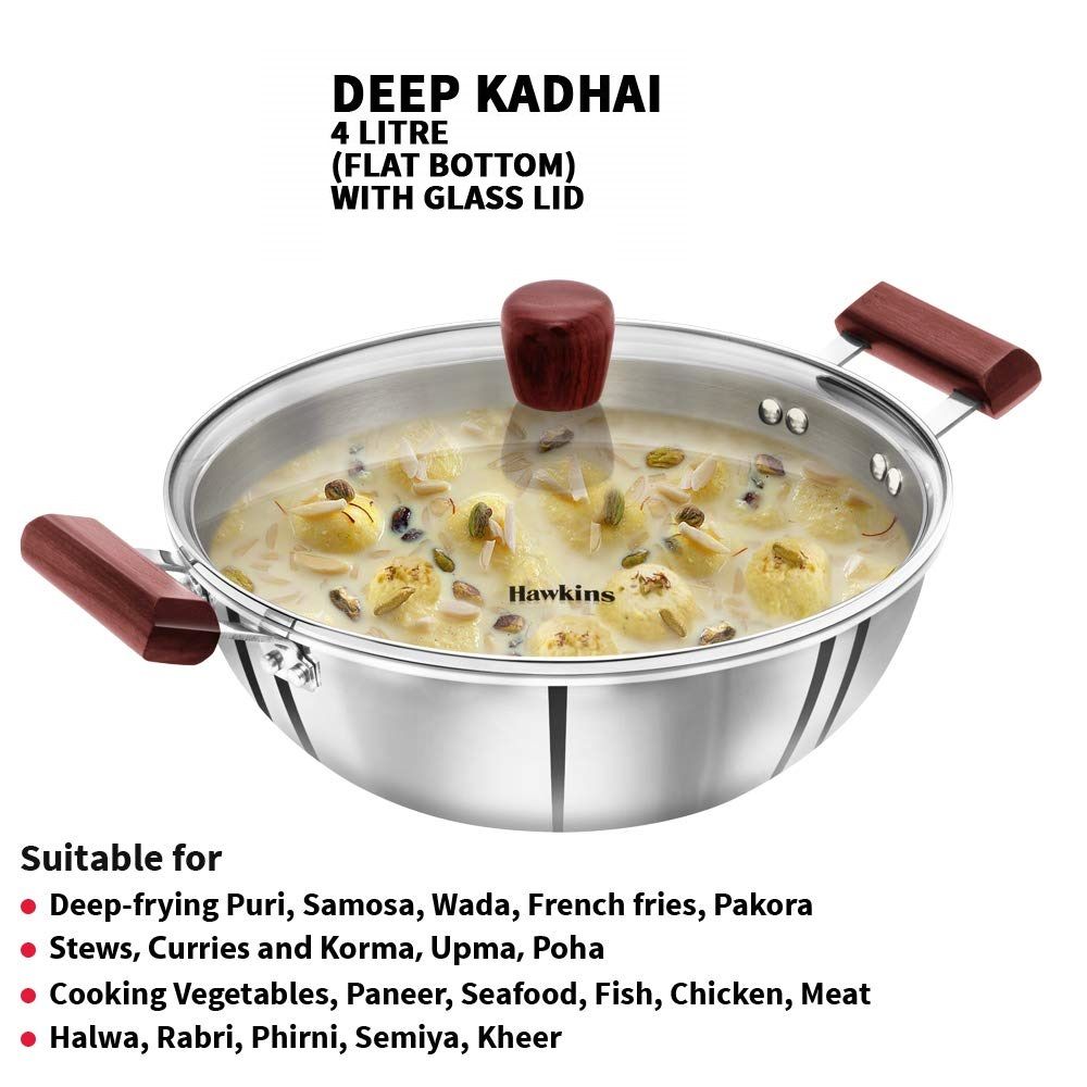 Hawkins 4 Litre Deep Kadhai, Triply Stainless Steel Kadai with Glass Lid, Flat Bottom Induction Kadhai, Big Kadai, Silver (SSK40G)