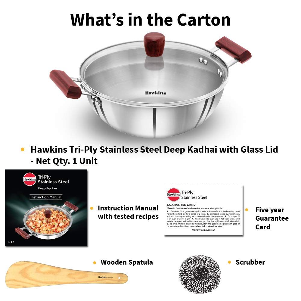 Hawkins 4 Litre Deep Kadhai, Triply Stainless Steel Kadai with Glass Lid, Flat Bottom Induction Kadhai, Big Kadai, Silver (SSK40G)