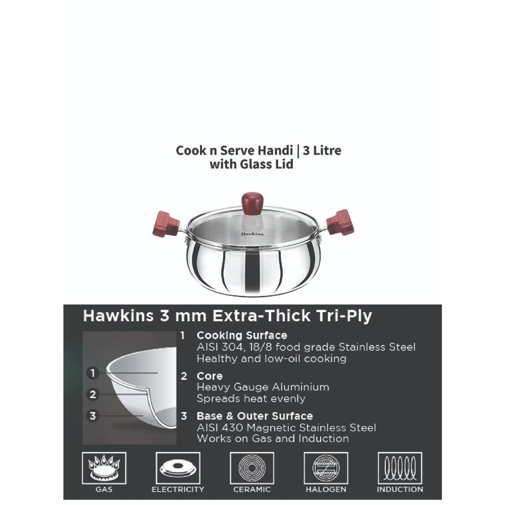 Hawkins 3 Litre Cook n Serve Handi, Triply Stainless Steel Handi with Glass Lid, Induction Sauce Pan, Biryani Handi, Saucepan, Silver (SSH30G)