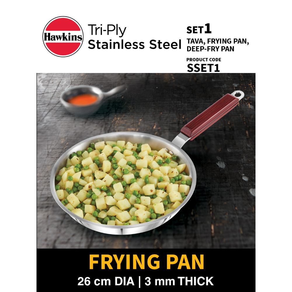 Hawkins Triniti 3 Pieces Triply Stainless Steel Cookware Set 1 - Frying Pan, Tava, Deep-Fry Pan with Glass Lid, Silver (SSET1)