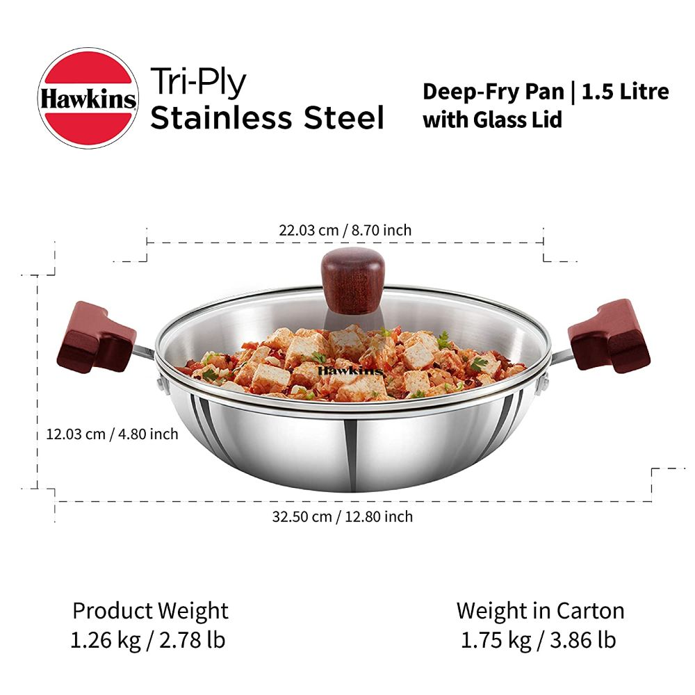 Hawkins 1.5 Litre Deep Fry Pan, Triply Stainless Steel Kadai with Glass Lid, Flat Bottom Induction Kadhai, Small Kadai, Silver (SSD15G)