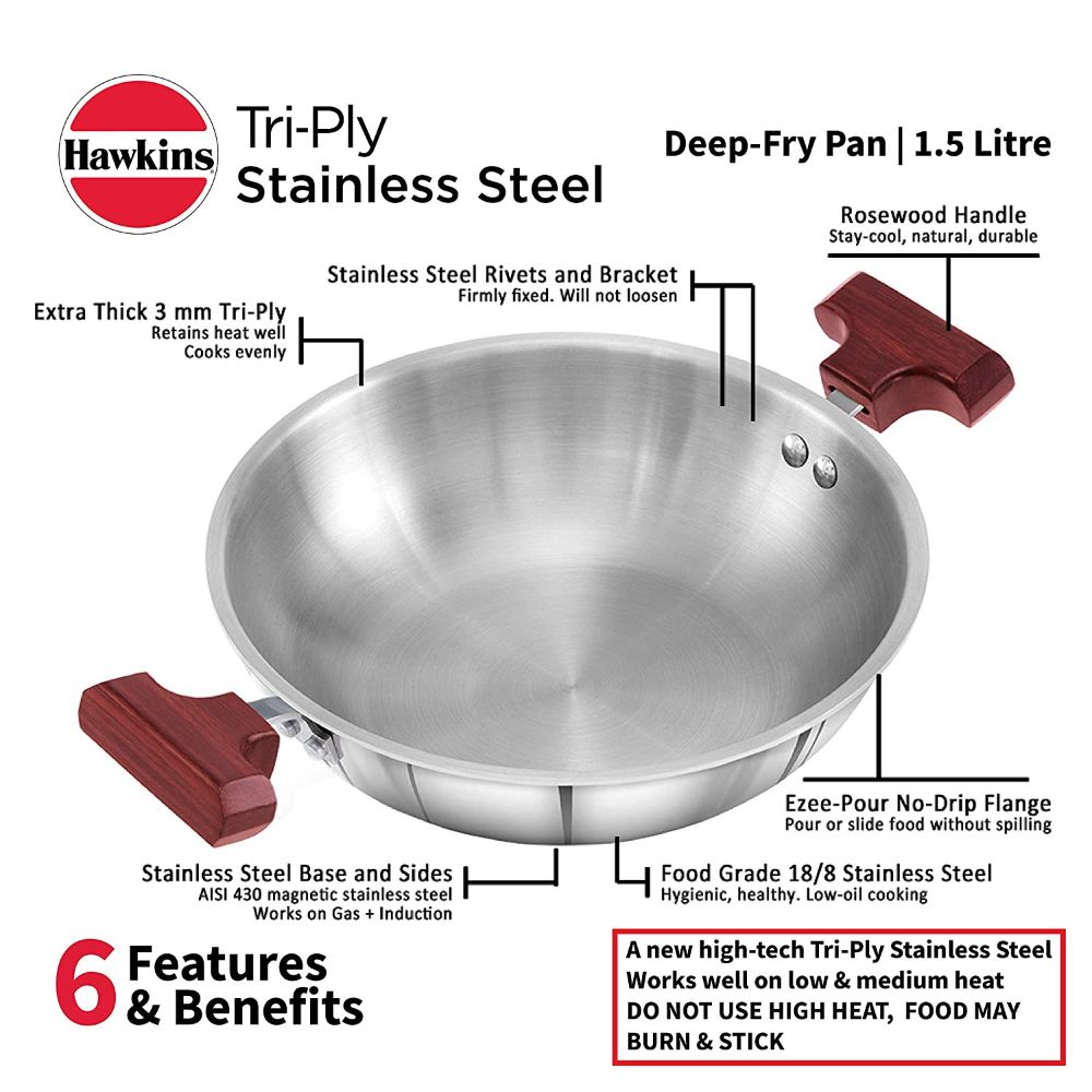 Hawkins 1.5 Litre Deep Fry Pan, Triply Stainless Steel Kadai, Flat Bottom Induction Kadhai, Small Kadai, Silver (SSD15)