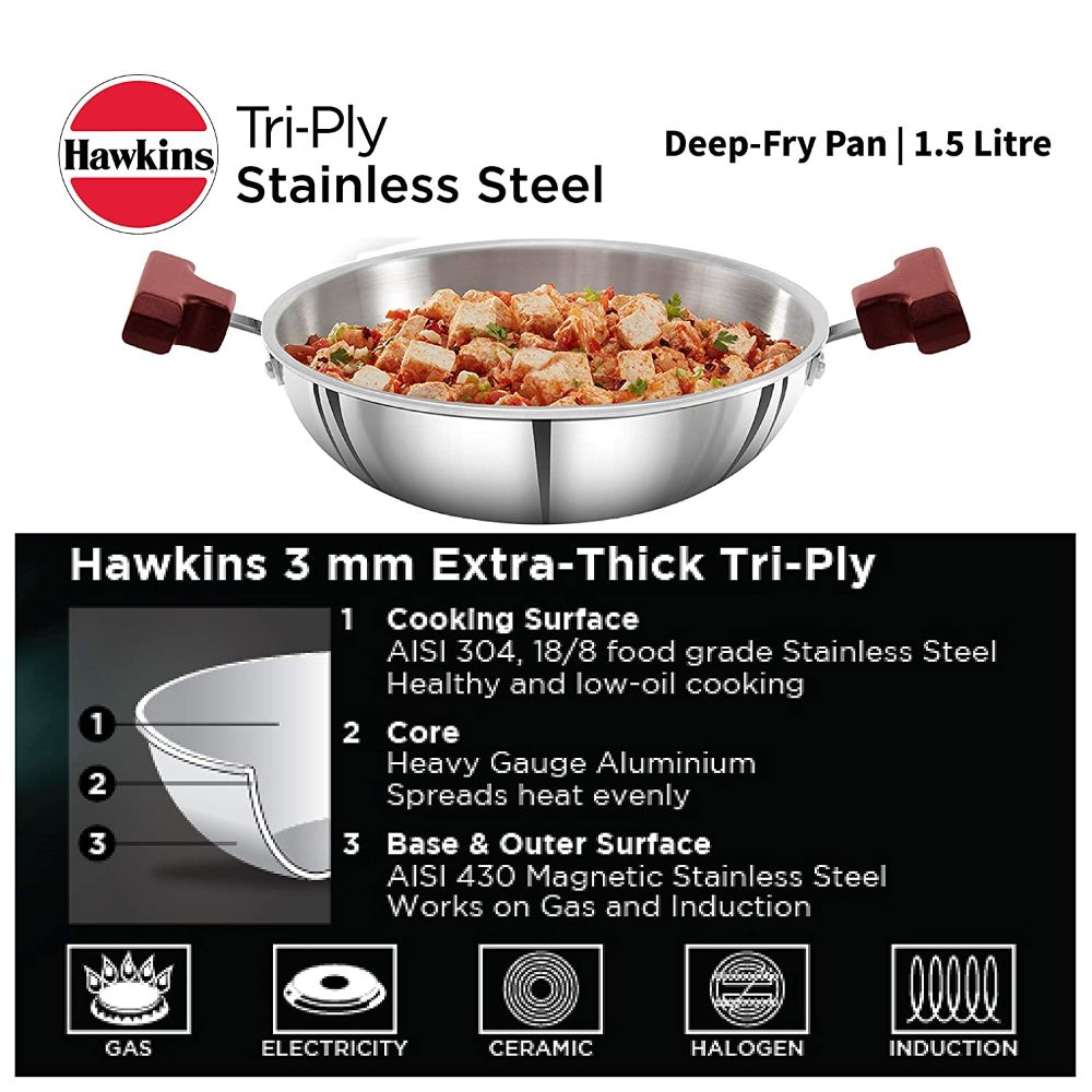 Hawkins 1.5 Litre Deep Fry Pan, Triply Stainless Steel Kadai, Flat Bottom Induction Kadhai, Small Kadai, Silver (SSD15)