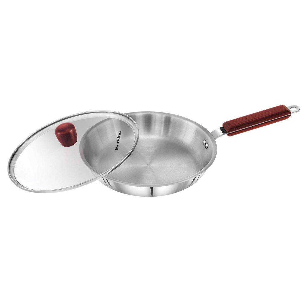 Hawkins 26 cm Frying Pan, Triply Stainless Steel Fry Pan with Glass Lid, Induction Frying Pan, Frypan, Silver (SSF26G)