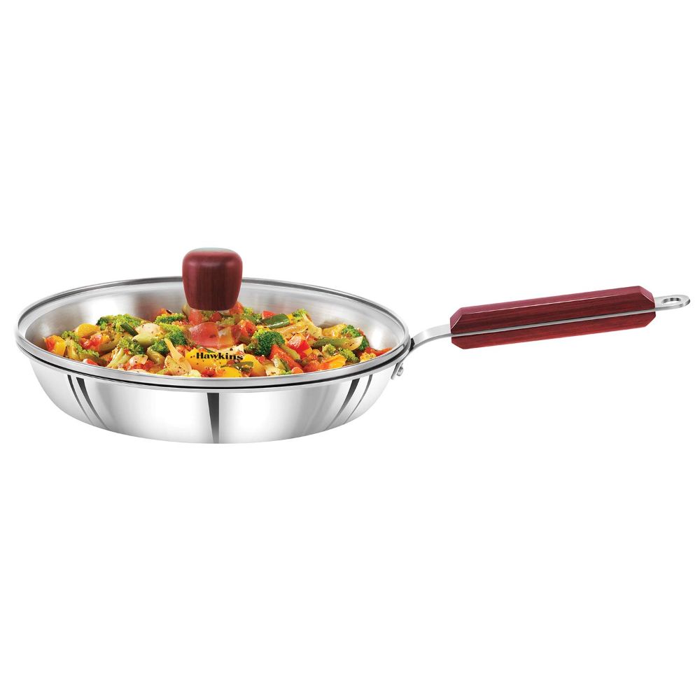 Hawkins 26 cm Frying Pan, Triply Stainless Steel Fry Pan with Glass Lid, Induction Frying Pan, Frypan, Silver (SSF26G)