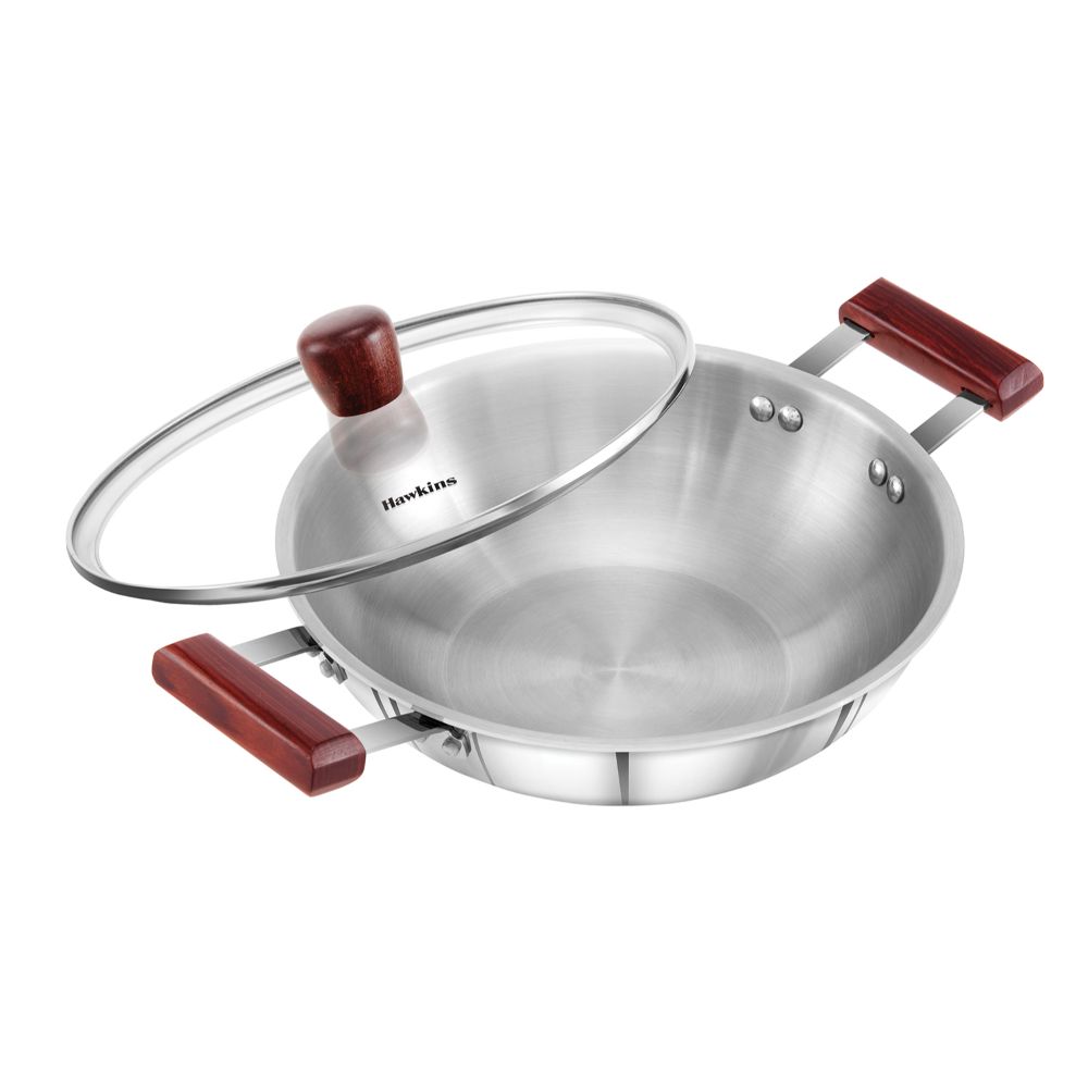 Hawkins 2.5 Litre Deep Fry Pan, Triply Stainless Steel Kadai with Glass Lid, Flat Bottom Induction Kadhai, Silver (SSD25G)