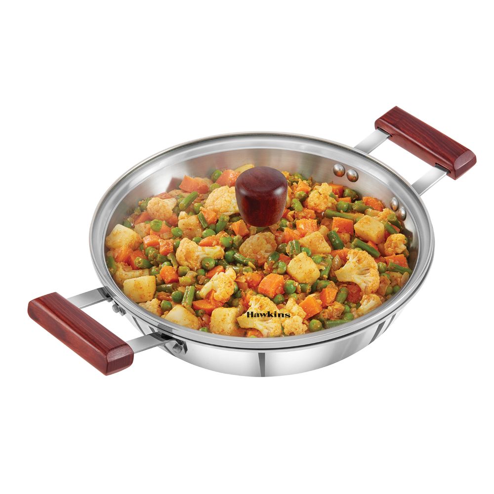 Hawkins 2.5 Litre Deep Fry Pan, Triply Stainless Steel Kadai with Glass Lid, Flat Bottom Induction Kadhai, Silver (SSD25G)