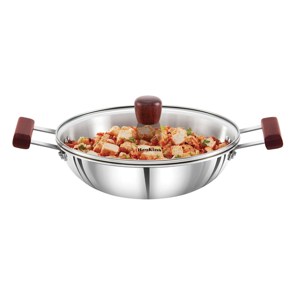 Hawkins 2.5 Litre Deep Fry Pan, Triply Stainless Steel Kadai with Glass Lid, Flat Bottom Induction Kadhai, Silver (SSD25G)