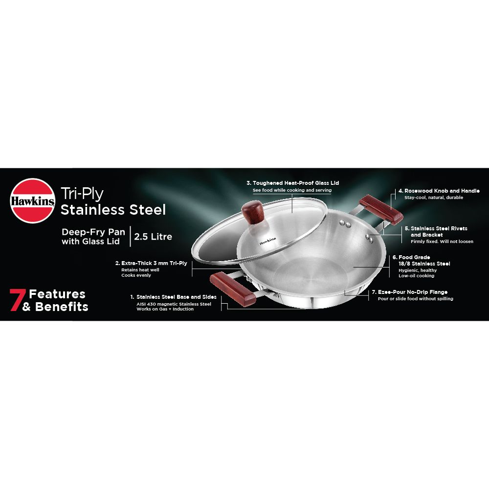 Hawkins 2.5 Litre Deep Fry Pan, Triply Stainless Steel Kadai with Glass Lid, Flat Bottom Induction Kadhai, Silver (SSD25G)