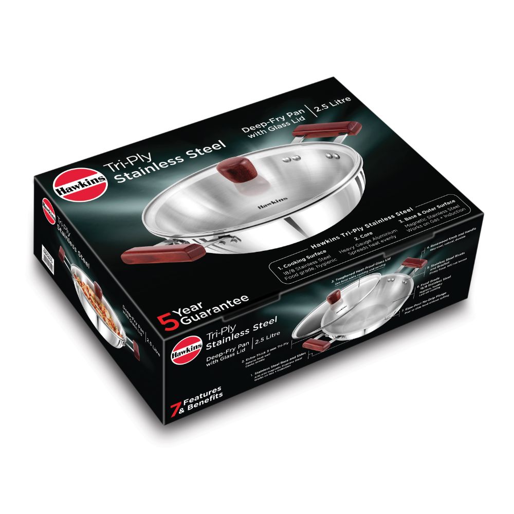 Hawkins 2.5 Litre Deep Fry Pan, Triply Stainless Steel Kadai with Glass Lid, Flat Bottom Induction Kadhai, Silver (SSD25G)