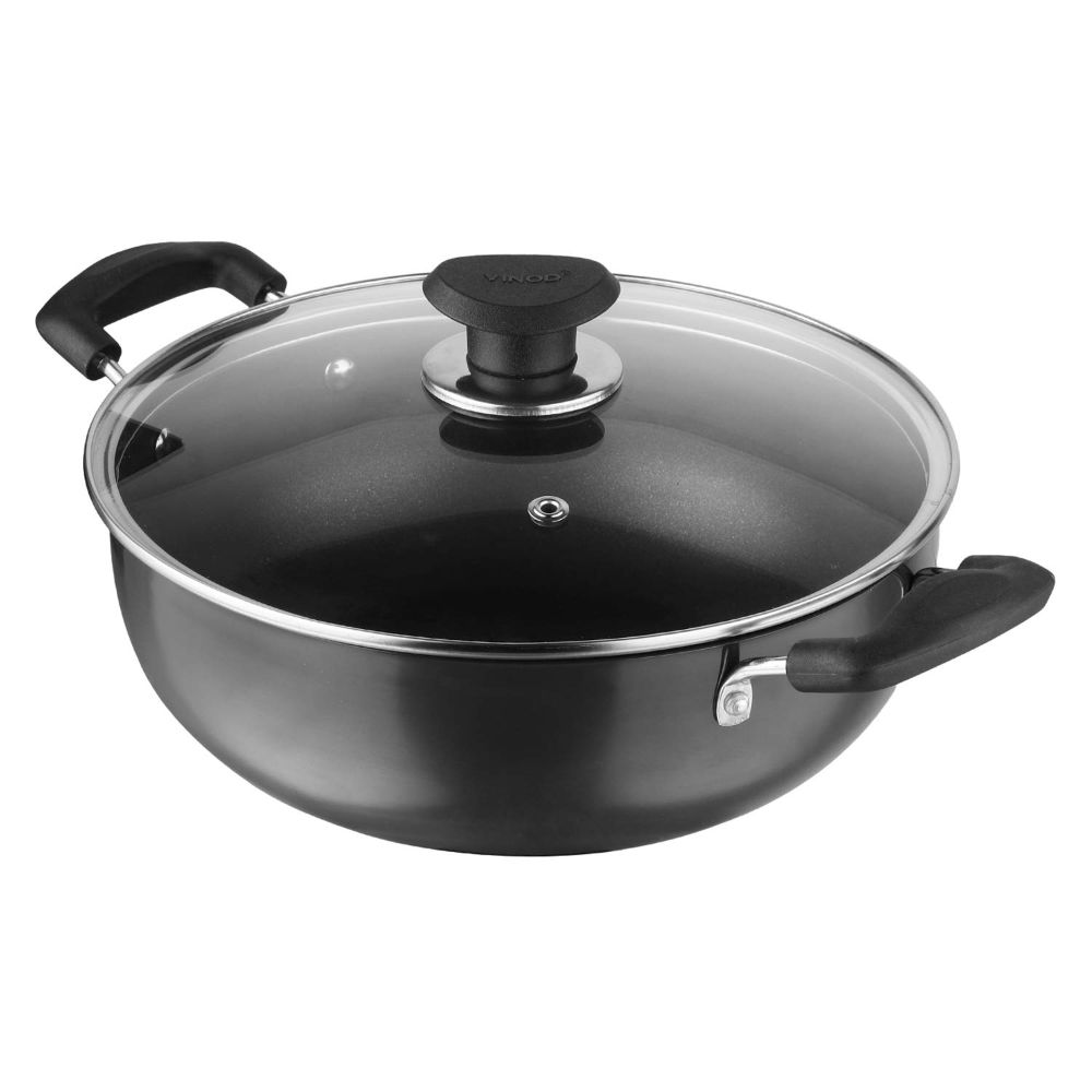Vinod Hanos Non-Stick Deep Kadai/Kadhai with Glass Lid 22 cm/2.6 litres Hard Anodised Non-Stick Coating with Riveted Handles Deep Frying Pan Black (Induction Friendly) dly Black