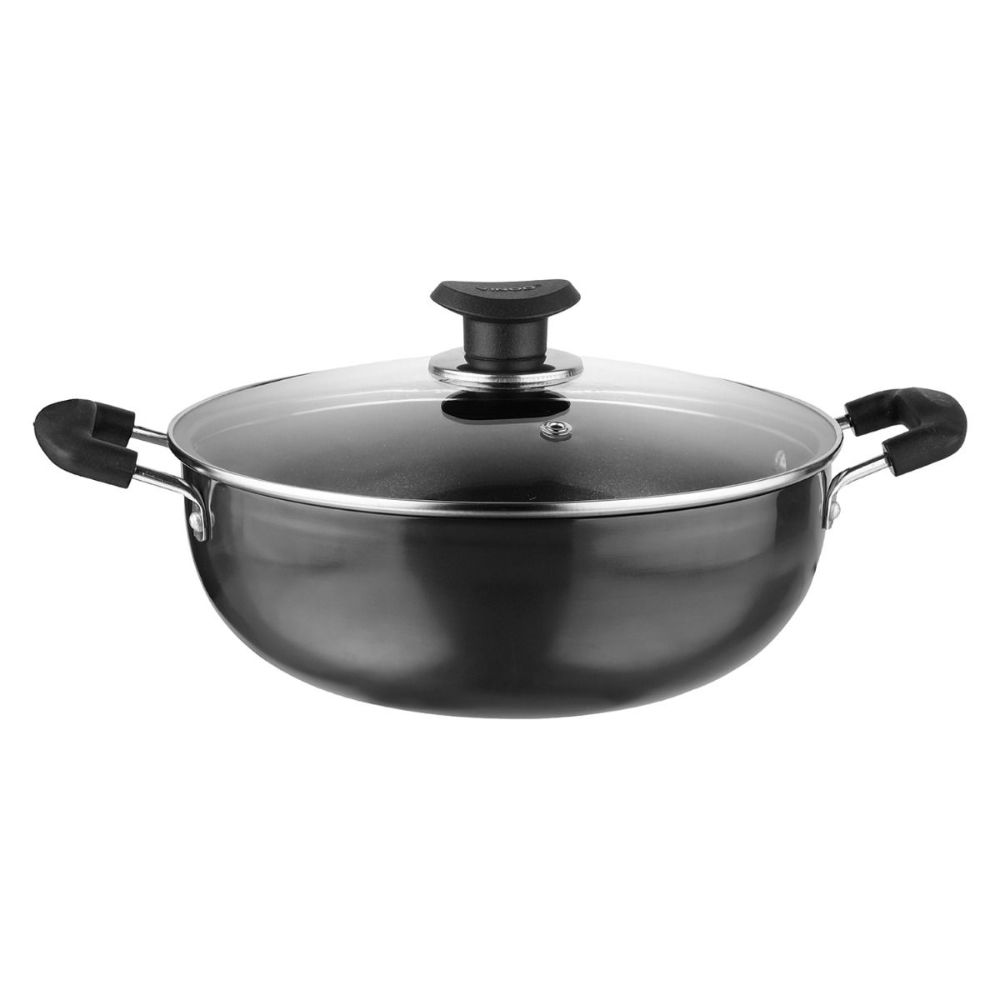 Vinod Hanos Non-Stick Deep Kadai/Kadhai with Glass Lid 22 cm/2.6 litres Hard Anodised Non-Stick Coating with Riveted Handles Deep Frying Pan Black (Induction Friendly) dly Black