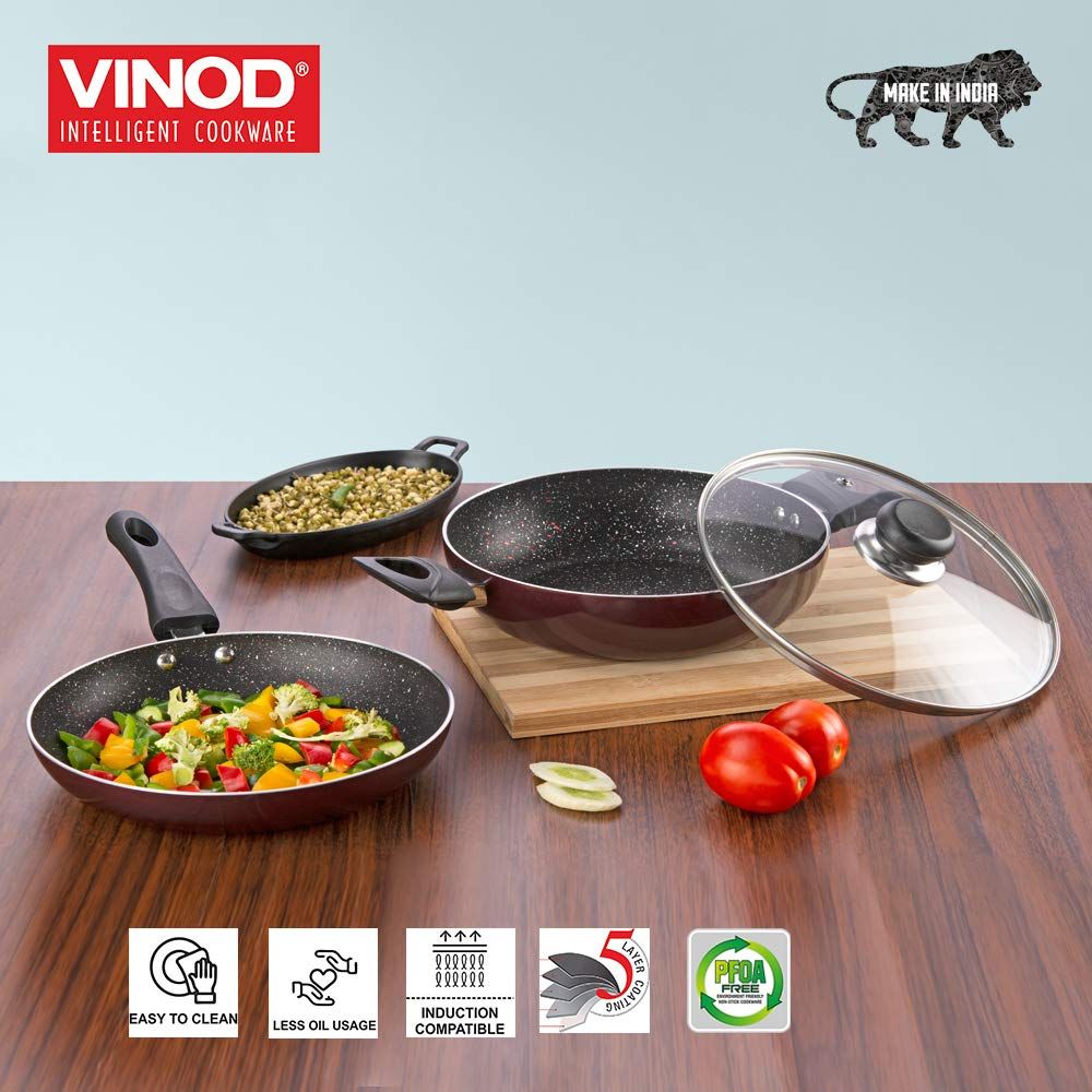 Vinod Supreme Non Stick Cookware Set Combo 2 Pieces | Kadai with Glass Lid (2 Litre), and Frypan | 5-Ply Aluminum Layer (3mm Thick) | Gas and Induction Base | 2 Year Warranty