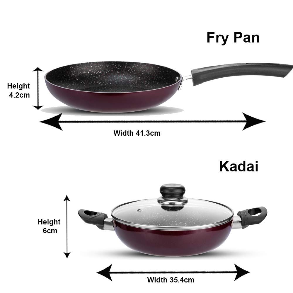 Vinod Supreme Non Stick Cookware Set Combo 2 Pieces | Kadai with Glass Lid (2 Litre), and Frypan | 5-Ply Aluminum Layer (3mm Thick) | Gas and Induction Base | 2 Year Warranty