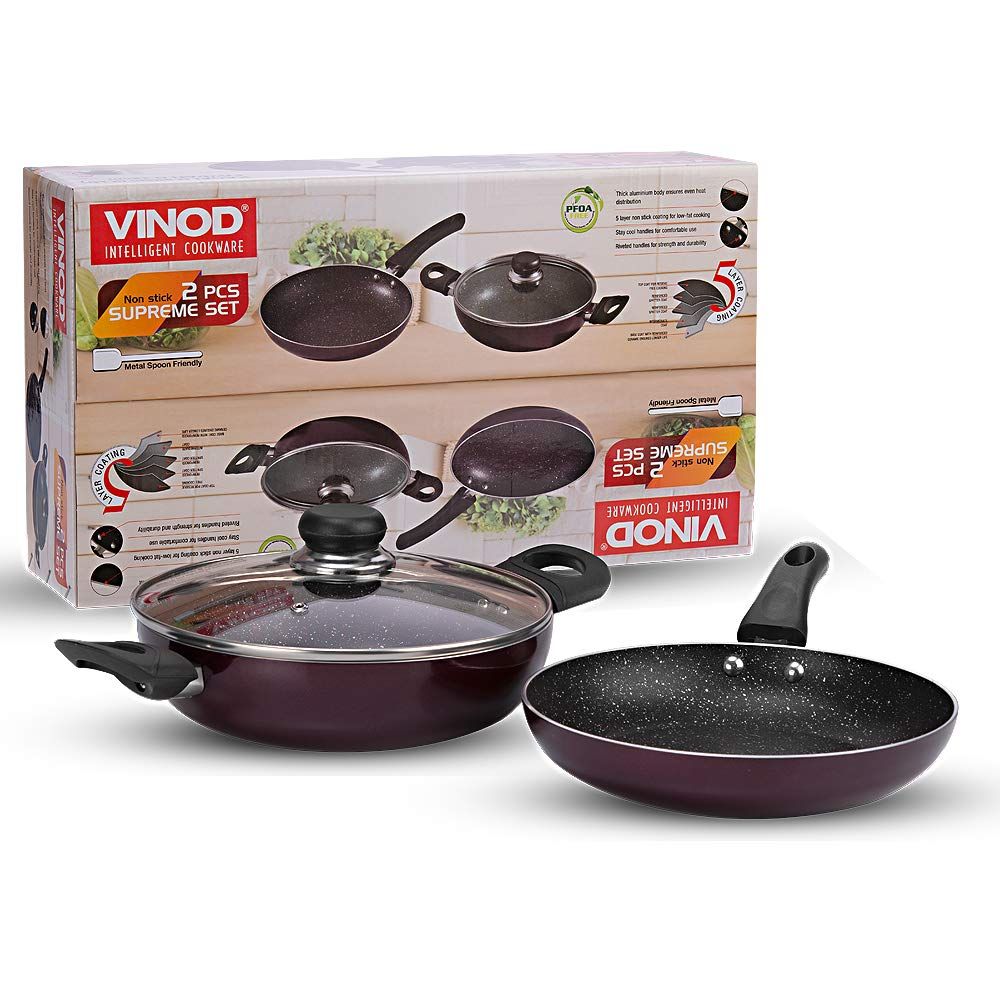 Vinod Supreme Non Stick Cookware Set Combo 2 Pieces | Kadai with Glass Lid (2 Litre), and Frypan | 5-Ply Aluminum Layer (3mm Thick) | Gas and Induction Base | 2 Year Warranty