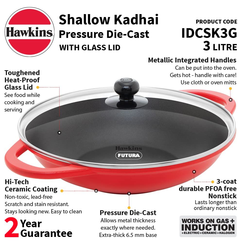 Hawkins 3 Litre Shallow Kadhai, Die Cast Non Stick Frying Pan with Glass Lid, Ceramic Coated Pan, Induction Shallow Frying Pan, Frying Pan, Red (IDCSK3G)