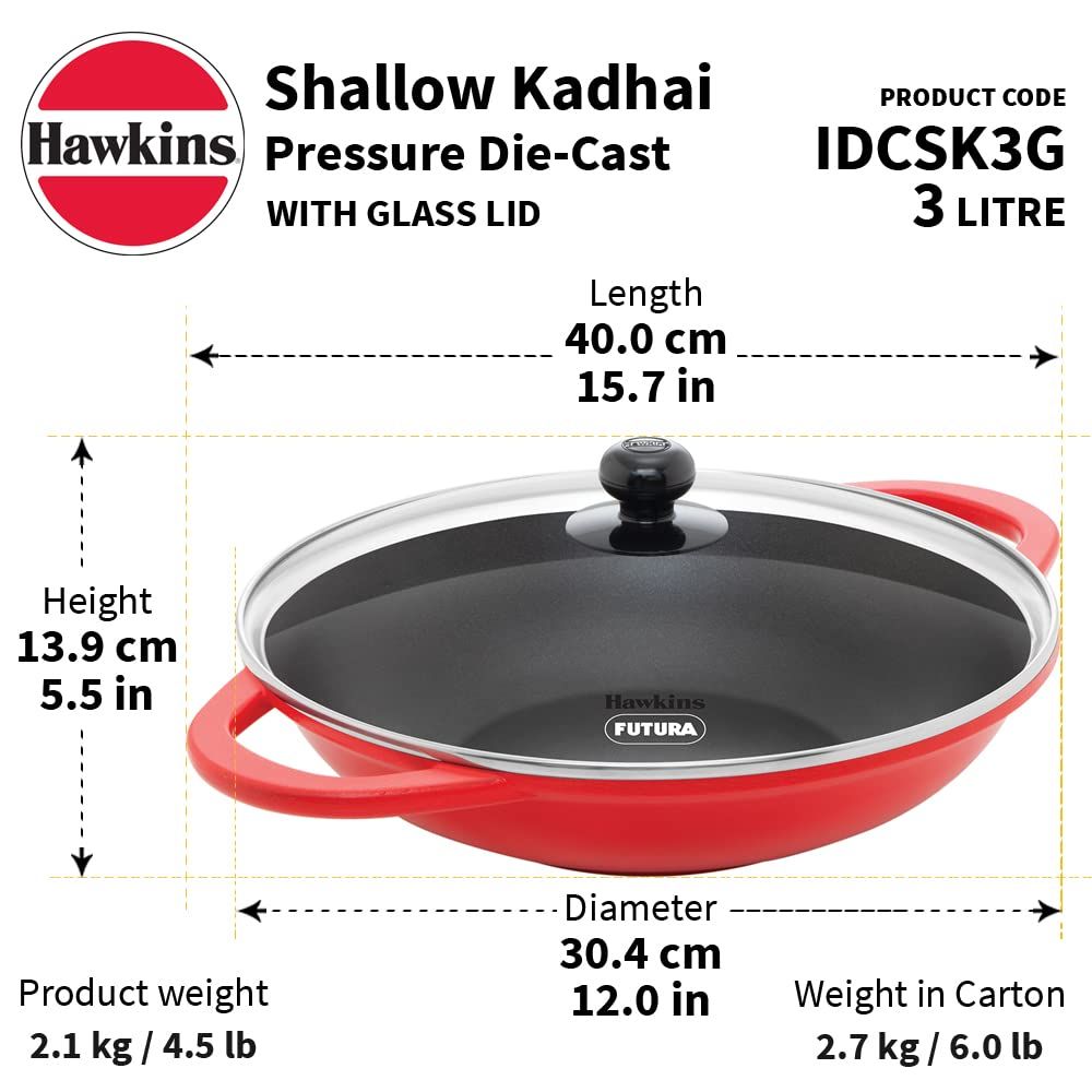Hawkins 3 Litre Shallow Kadhai, Die Cast Non Stick Frying Pan with Glass Lid, Ceramic Coated Pan, Induction Shallow Frying Pan, Frying Pan, Red (IDCSK3G)