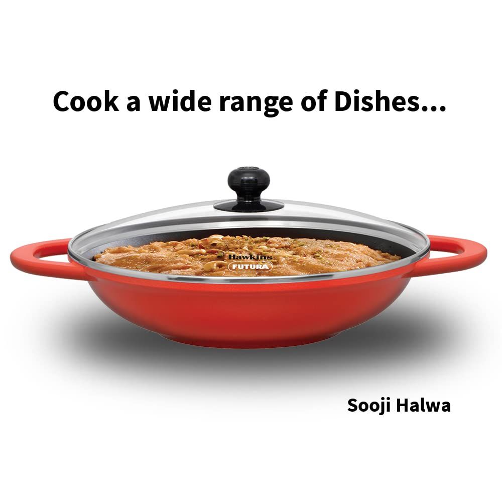 Hawkins 3 Litre Shallow Kadhai, Die Cast Non Stick Frying Pan with Glass Lid, Ceramic Coated Pan, Induction Shallow Frying Pan, Frying Pan, Red (IDCSK3G)