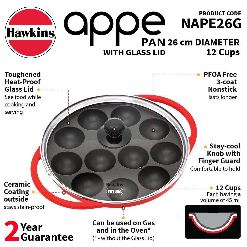 Hawkins 26 cm Appe Pan, Non Stick Paniyaram Pan with Glass Lid, 12 Cups Paniyarakkal Ceramic Pan, Litti Pan, Kuzhi Paniyaram Pan, Ponganalu Pan, Red (NAPE26G)