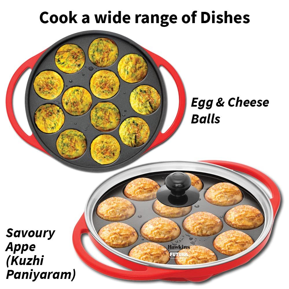 Hawkins 26 cm Appe Pan, Non Stick Paniyaram Pan with Glass Lid, 12 Cups Paniyarakkal Ceramic Pan, Litti Pan, Kuzhi Paniyaram Pan, Ponganalu Pan, Red (NAPE26G)