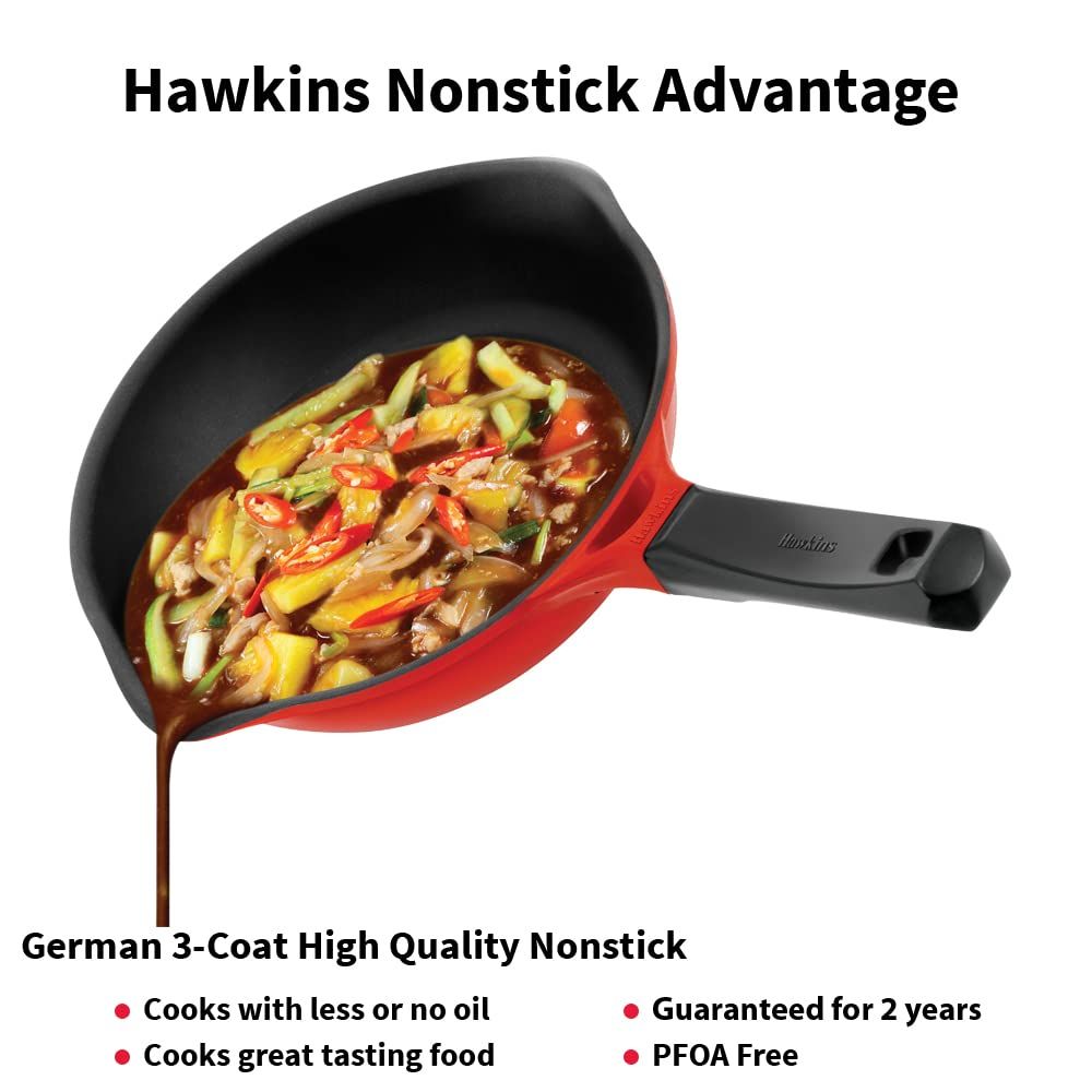 Hawkins 24 cm Frying Pan, Die Cast Non Stick Fry Pan, Ceramic Coated Pan, Induction Frying Pan, Red (IDCF24)