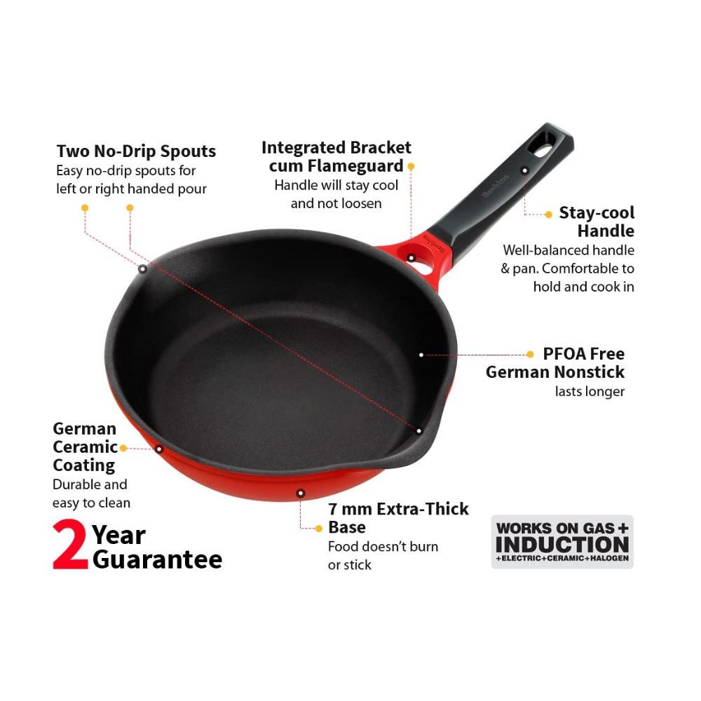 Hawkins 24 cm Frying Pan, Die Cast Non Stick Fry Pan, Ceramic Coated Pan, Induction Frying Pan, Red (IDCF24)