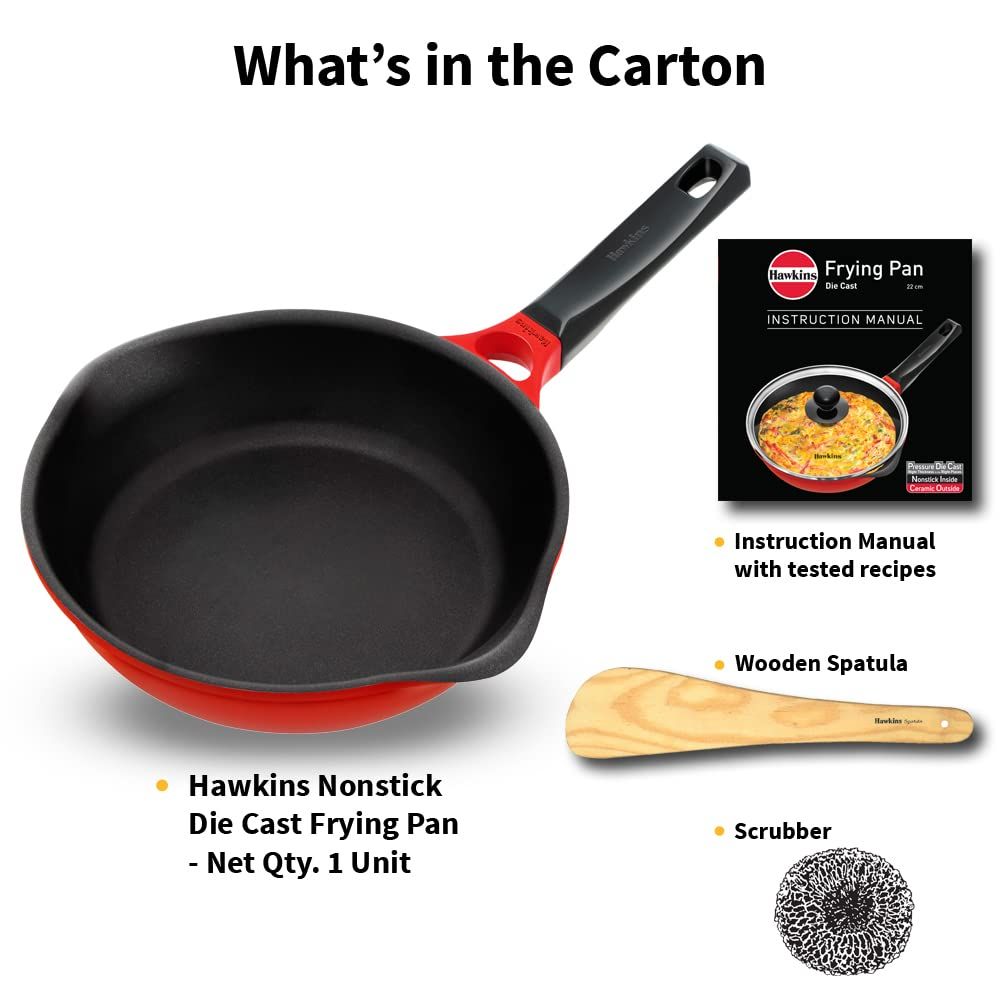 Hawkins 24 cm Frying Pan, Die Cast Non Stick Fry Pan, Ceramic Coated Pan, Induction Frying Pan, Red (IDCF24)