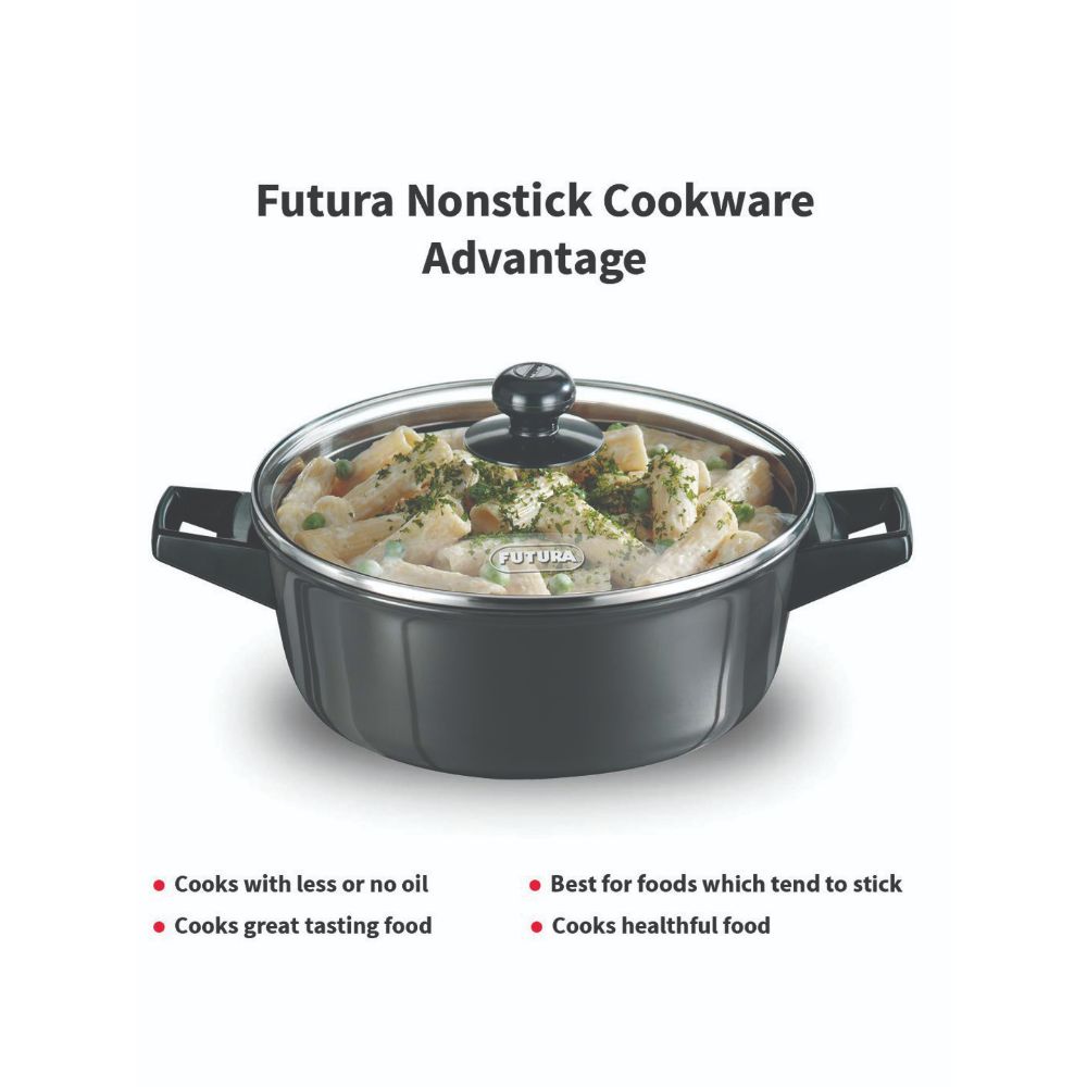 Hawkins Futura 3 Litre Cook n Serve Bowl, Non Stick Saucepan with Glass Lid, Sauce Pan for Cooking and Serving, Black (NCB30G)