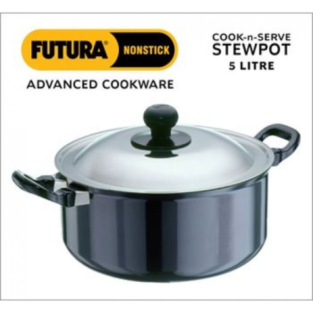 Hawkins Futura 5 Litre Cook n Serve Stewpot, Non Stick Pot with Stainless Steel Lid, Cooking Pot with Lid, Black (NST50)